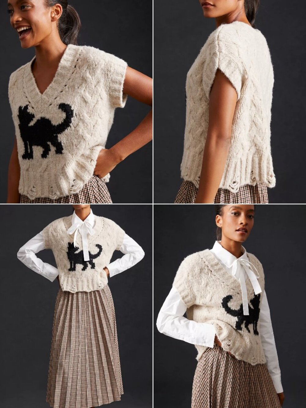 Anthropologie Sweater Vest Black Cat Cable Knit Chunky Wool Eclectic Grandpa - Picture 3 of 15